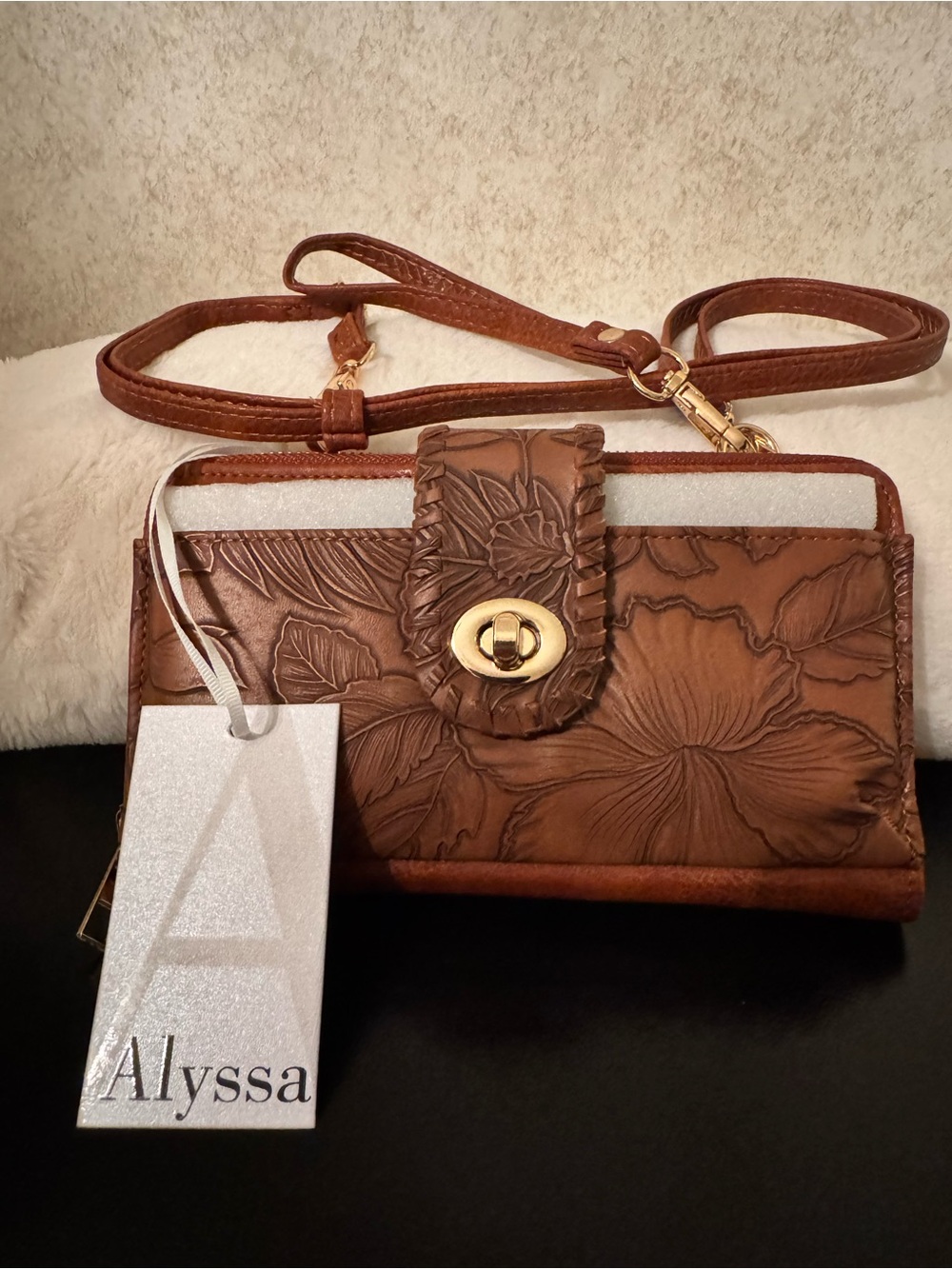 Brown Tooled Leather Crossbody Bag